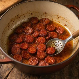 Chorizo slices browning in olive oil