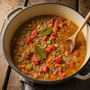 Lentils, tomatoes, bay leaves, and stock coming to a simmer