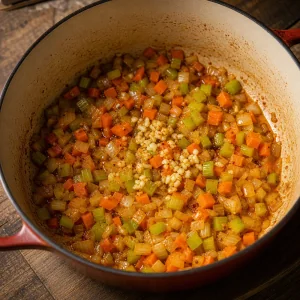 Onion, carrot, celery, and garlic sauteing in the pot