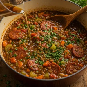 Parsley and sherry vinegar stirred into lentil chorizo stew
