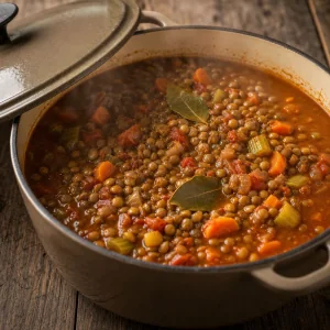 Thick lentil stew simmering under a partly covered pot