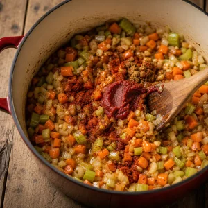 Tomato paste and spices stirred into softened vegetables