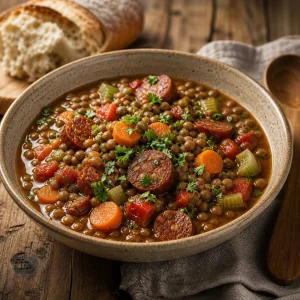 Warm lentejas served in a bowl with chorizo and parsley