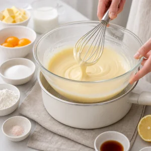 Cream cheese batter whisked smooth over gentle heat