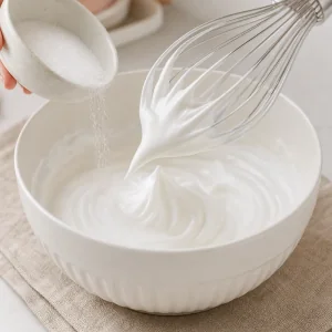 Glossy egg white meringue forming stiff peaks