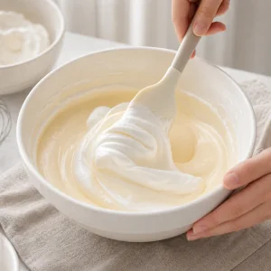 Meringue gently folded into pale cheesecake batter