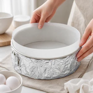 Parchment-lined springform pan wrapped in foil