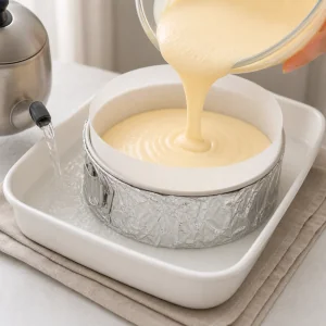 Souffle cheesecake batter poured into a foil-wrapped pan