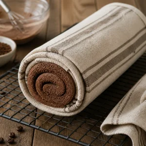 Schokobiskuit mit Tuch zur Spirale gerollt