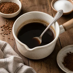 Dunkler Espressosirup in kleiner Tasse verruehrt