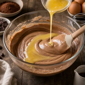 Geschmolzene Butter in glatten Schokoteig gehoben