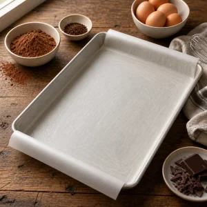 Mit Backpapier ausgelegtes Blech fuer Mokka-Biskuit