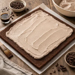 Ausgerollter Schokobiskuit mit Mokka-Creme bestrichen