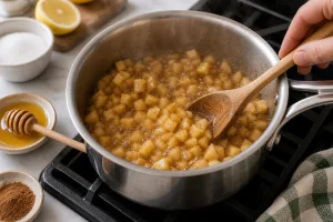 Chopped apples simmered with sugar, lemon, honey, cinnamon, and water