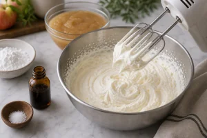 Cold cream whipped with powdered sugar, vanilla, and salt to soft peaks