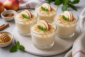 Finished apple mousse with honey drizzle, cinnamon, apple slices, and mint