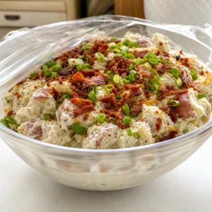 Loaded bacon ranch potato salad garnished and covered for chilling