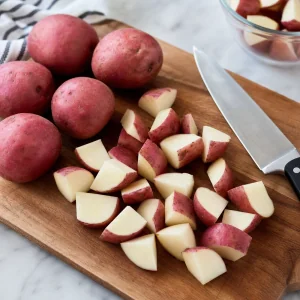 Red potatoes cut into bite-sized chunks with skins on
