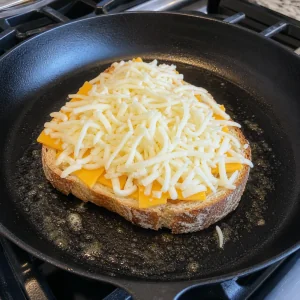 Brot in der Pfanne mit Cheddar und Mozzarella für ein Grilled Cheese