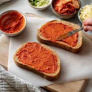 Gochujang-Butter wird großzügig auf Brotscheiben gestrichen