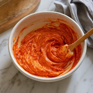Gochujang wird mit weicher Butter glatt und leuchtend rot verrührt