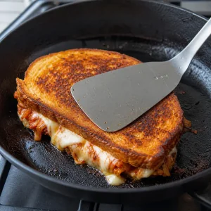 Kimchi-Grilled-Cheese wird in der Pfanne goldbraun gepresst, bis der Käse schmilzt