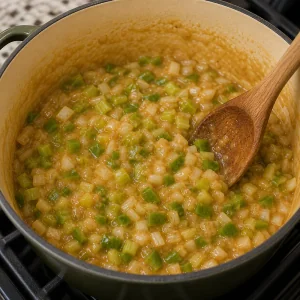 Chopped onion celery and green pepper cooking in roux
