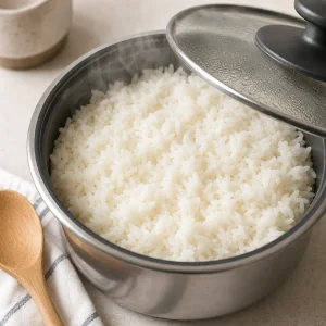 Cooked white rice kept warm under a lid