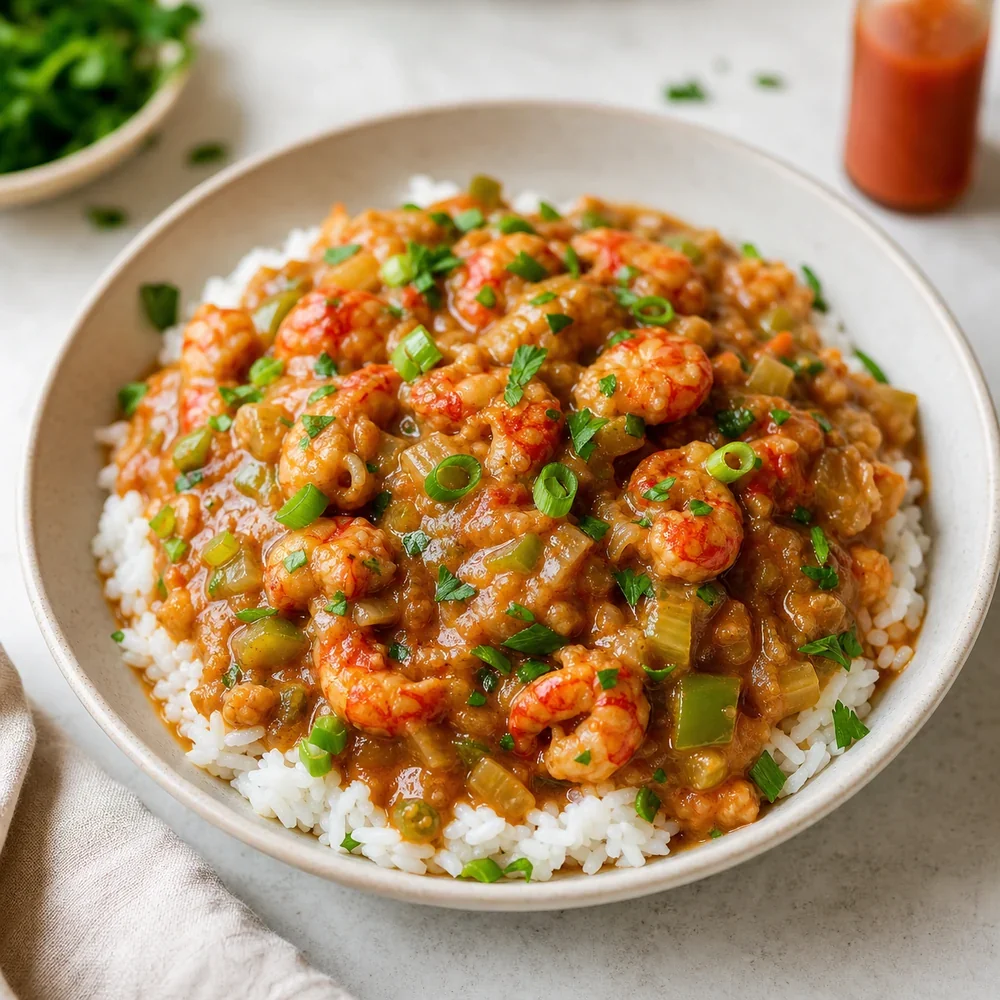 Crawfish etouffee over white rice with herbs