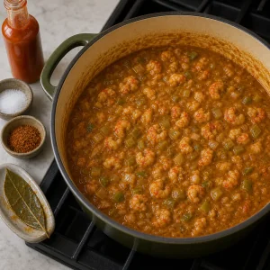 Crawfish etouffee with bay leaf removed and seasonings nearby