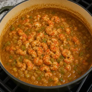 Crawfish tails folded into simmering etouffee sauce