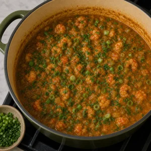 Green onions and parsley stirred into crawfish etouffee