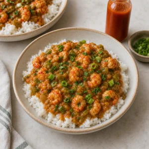 Hot rice topped with crawfish etouffee and herbs