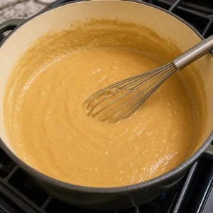 Light tan roux bubbling in a pan with a whisk