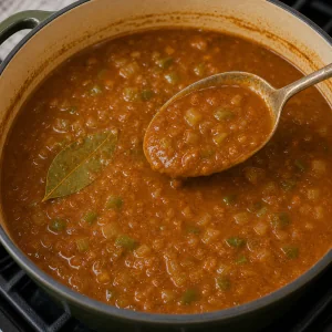 Thick etouffee sauce simmering with a bay leaf