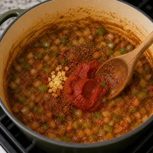 Tomato paste and seasonings stirred into roux vegetables