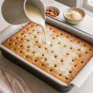Creamy milk soak poured over the poked keto cake.