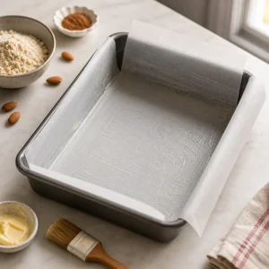 Greased parchment-lined pan prepared for keto tres leches cake.