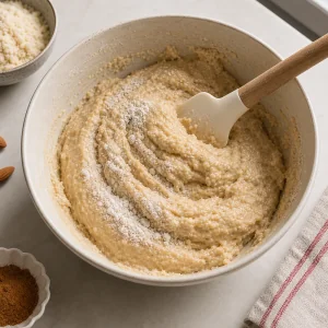 Thick almond flour batter folded together in a mixing bowl.
