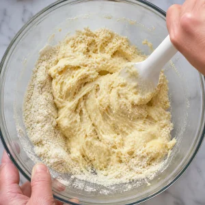 Mandelmehl und Ei werden zu klebrigem Low-Carb-Teig gemischt