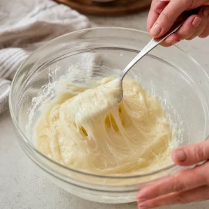 Geschmolzener Mozzarella und Frischkaese werden glatt geruehrt