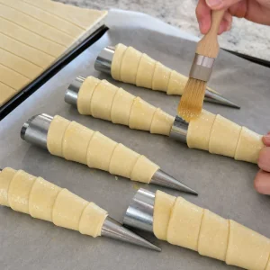 Duenne Teigstreifen werden um Kegel gewickelt und mit Butter bestrichen