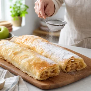 Upieczony strudel jabłkowy lekko posypany cukrem pudrem na desce