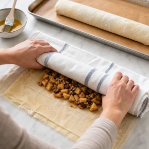 Nadziane phyllo zwijane w ciasny rulon strudla jabłkowego