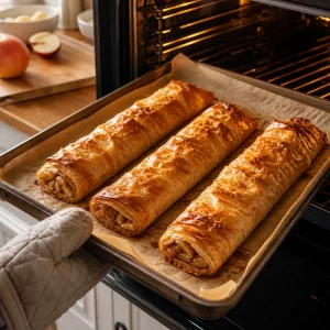 Złociste upieczone strudle jabłkowe z chrupiącym phyllo na blasze