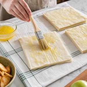 Warstwy phyllo posmarowane roztopionym masłem na strudel