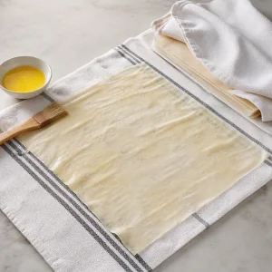 Arkusz phyllo ułożony na lekko posmarowanej masłem ściereczce