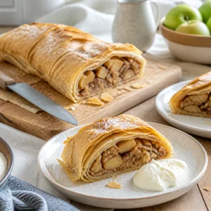 Pokrojony strudel jabłkowy podany z łyżką jogurtu greckiego
