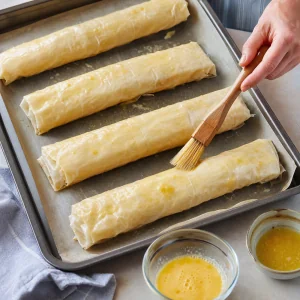 Surowe strudle jabłkowe posmarowane jajkiem na papierze do pieczenia