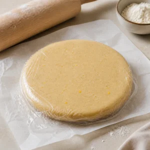 Almond cookie dough disk wrapped on parchment